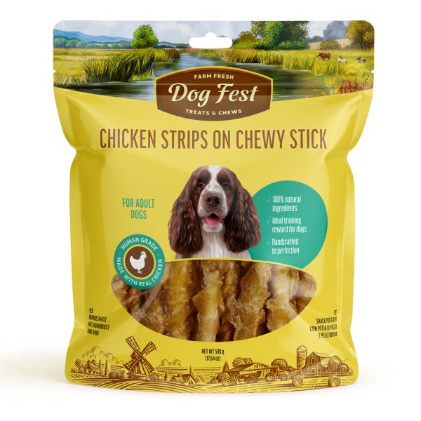 Chicken strips on chewy stick, for medium and large breed dogs,megapack 500g.