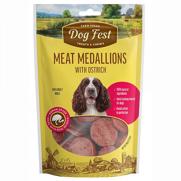 Medallions with ostrich, for all dogs, 90g.