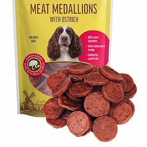 Medaljoni ar strausa gaļu, pieaugušajiem suņiem, 90g.