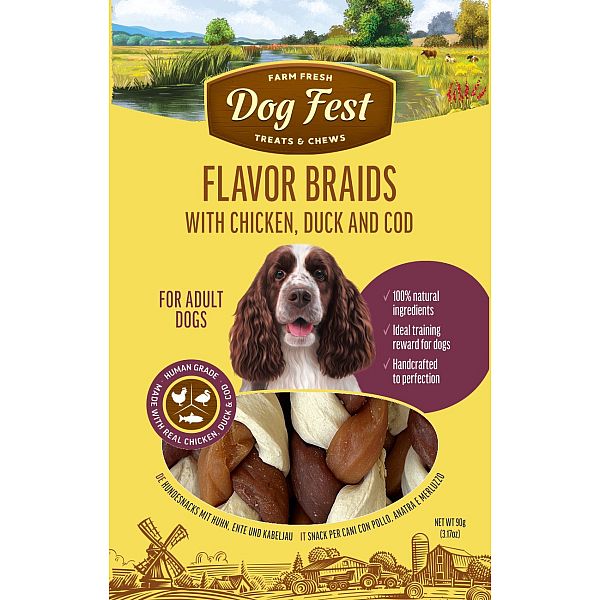 DogFest Flavor braids with chicken,duck and cot for adults dog,90 gr