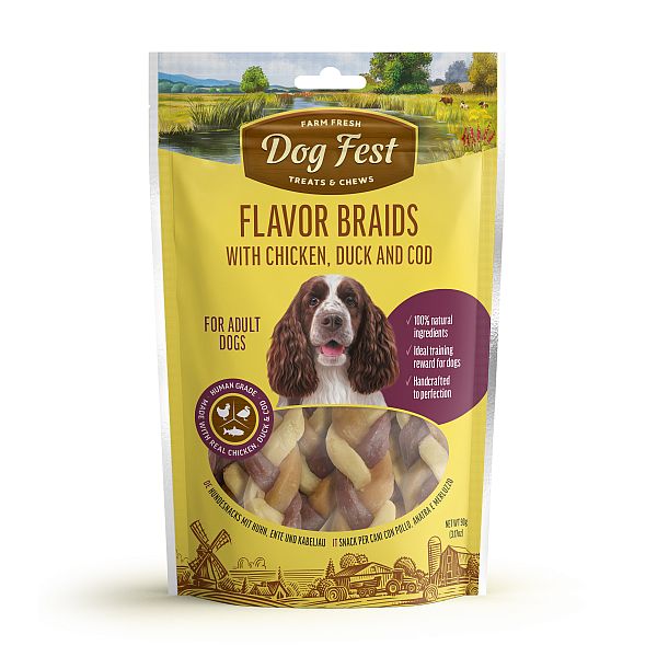 DogFest Flavor braids with chicken,duck and cod for adults dog,90 gr