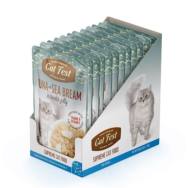 CatFest Tuncis ar grupējumu želejā, mitrā kaķu barība, 12 x 70 g