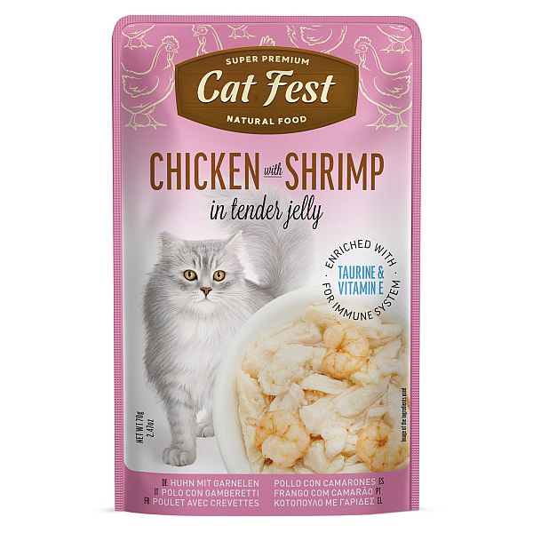 CatFest Vistas gaļa ar garnelēm želejā, mitrā barība kaķiem, 12 x 70 g