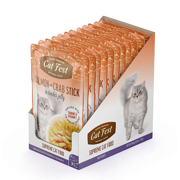 CatFest Laša fileja ar krabju nūjiņām želejā, mitrā kaķu barība, 12 x 70 g