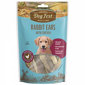 DogFest Küülikukõrvad kanalihaga, kõikidele koertele, kaasaarvatud kutsikatele, 90g.