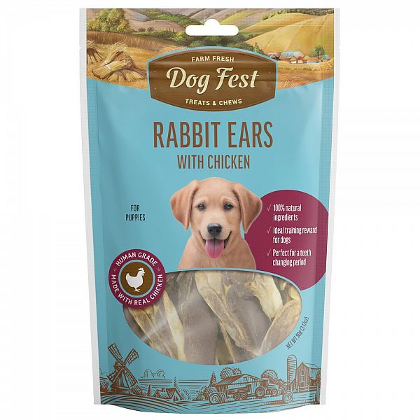 Rabbit ears with chicken, for all dogs and also for puppies, 90g.