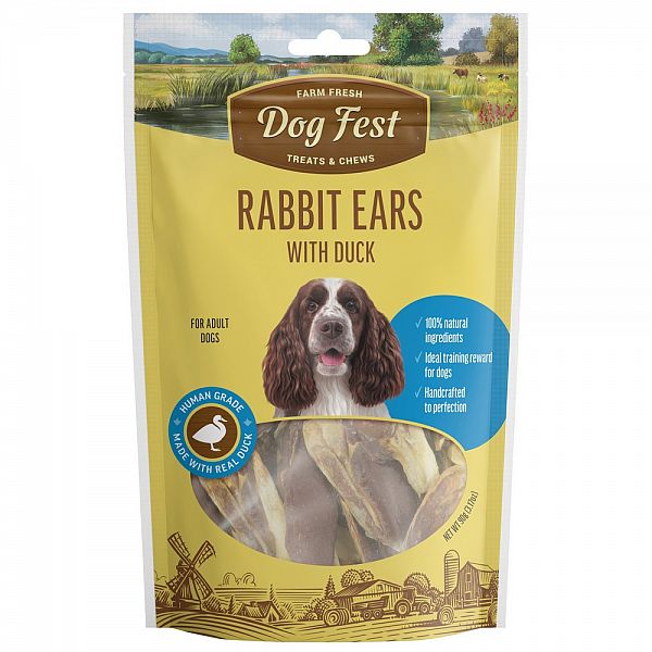 Rabbit ears with duck, for all  dogs, 90g.